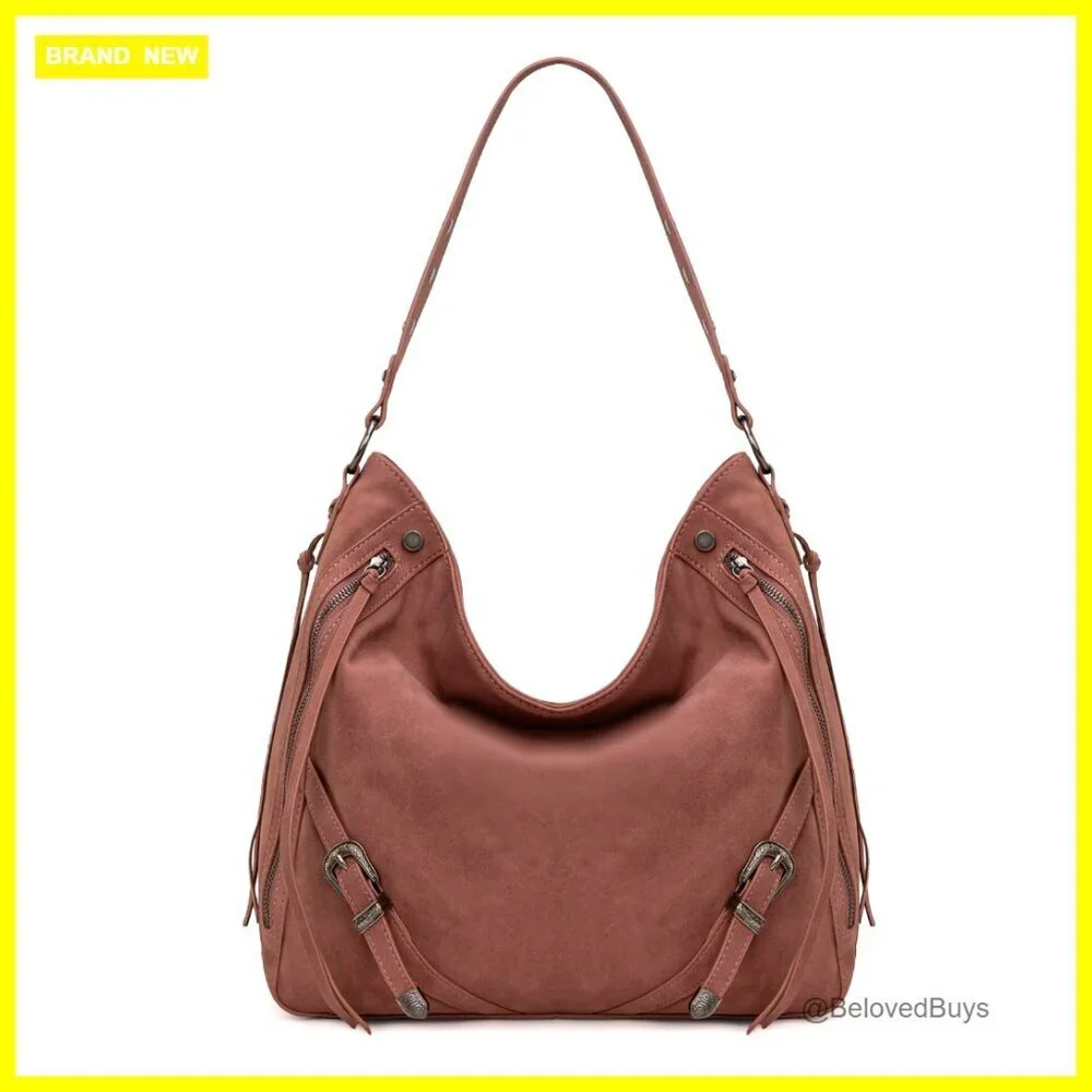 Large Faux Suede Hobo Shoulder Bag with Fringe Buckle Details